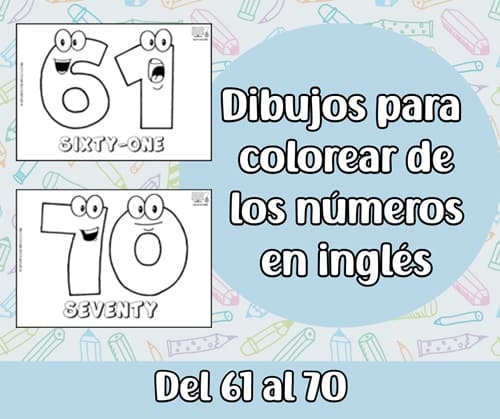 Dibujos de números con caras en inglés del 61 al 70