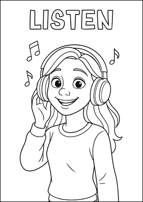 [PDF] Dibujo para colorear en inglés del verbo LISTEN