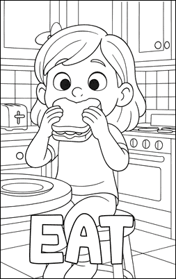 Dibujo para colorear en inglés del verbo EAT