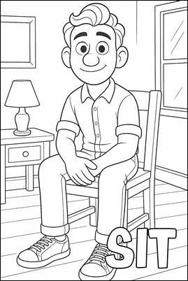 Dibujo para colorear en inglés del verbo SIT